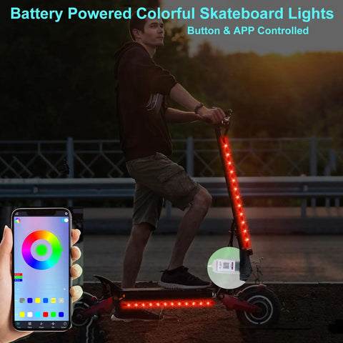 2 Pack LED Bike Lights For Night Riding With 47 Flashing Modes, Colorful Battery Box Powered Smart Scooter And Electric Skateboard Lights, Easy No Tool Adhesive Mount, Safe Visibility, Fun Style
