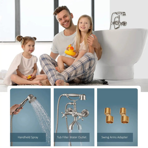 Wall Mount Bathtub Faucet With Brushed Nickel Finish, Double Cross Handles, Tub Filler With Handheld Shower Sprayer, Vintage Telephone Style Basin Mixer Tap With Swivel Spout, No Fuss All Metal Solid Brass Construction
