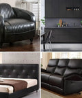 Leather Repair Patch 24 By 54 Inch Self Adhesive Leather Tape Large Vinyl Patch Kit For Couches Car Seats Chairs And Furniture Black Durable Scratch Resistant Waterproof Go To Quick Fix viewed on various black leather furniture pieces like a chair, sofa, and bed frame.