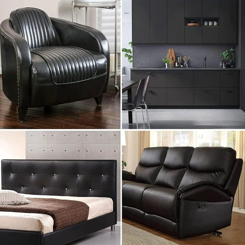 Leather Repair Patch 24 By 54 Inch Self Adhesive Leather Tape Large Vinyl Patch Kit For Couches Car Seats Chairs And Furniture Black Durable Scratch Resistant Waterproof Go To Quick Fix viewed on various black leather furniture pieces like a chair, sofa, and bed frame.