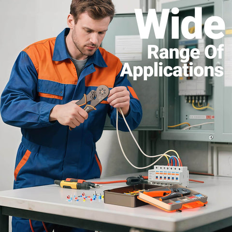 Technician using All In One Ferrule Crimping Tool Kit With Self Adjusting Ratchet For AWG 28 To 5 Ferrules in workshop.