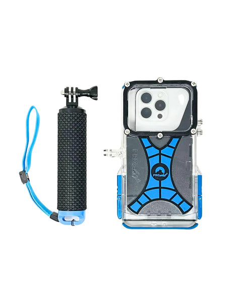 Dive 2.0 Waterproof iPhone Housing Delivers 130 Feet Depth Ultra Tough Underwater Case shown with grip and GoPro mount attachment