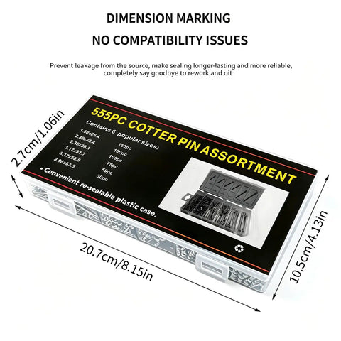 Ultimate Stainless Steel Cotter Pin Kit With 555 Pieces in resealable storage case showing 6 sizes and dimensions