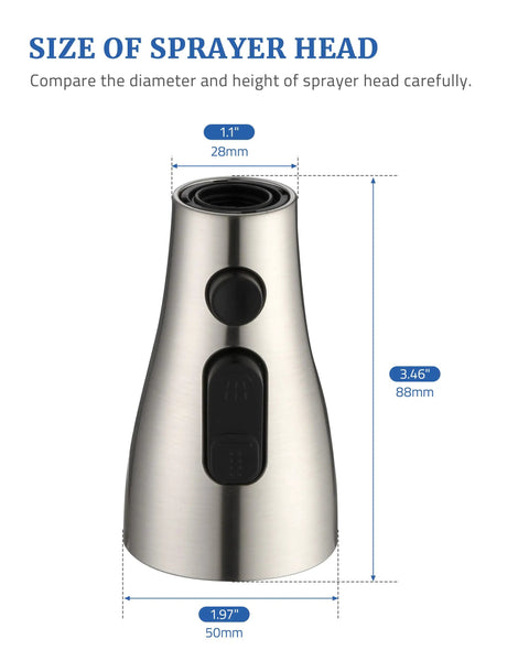 Brushed Nickel Kitchen Faucet Sprayer Head Replacement With 15 Adapters size guide with dimensions in inches and mm