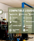 List of compatible liquids for Heavy Duty Electric Pail And Bucket Transfer Pump Shifting 4 5 Gallons Per Minute with adjustable flow.