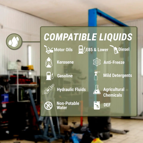 List of compatible liquids for Heavy Duty Electric Pail And Bucket Transfer Pump Shifting 4 5 Gallons Per Minute with adjustable flow.