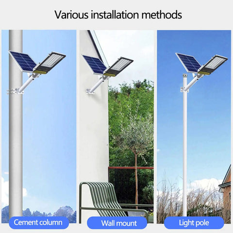 JUDYSSY Outdoor Solar Powered Street Flood Lights-400W installation options: wall mount, light pole, and cement column.