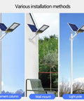 JUDYSSY Outdoor Solar Powered Street Flood Lights-400W Dusk to N showing various installation methods: cement column, wall mount, light pole.