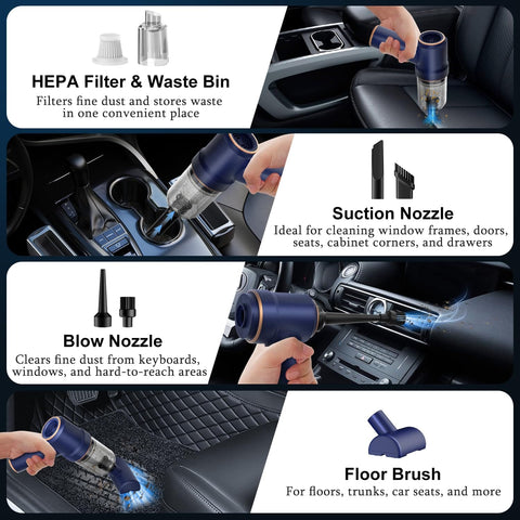 Handheld Car Vacuum Cleaner With 9000Pa Suction, 120W High Power, LED Light, And Multi Nozzles For Car Home Office Pet shown with attachments