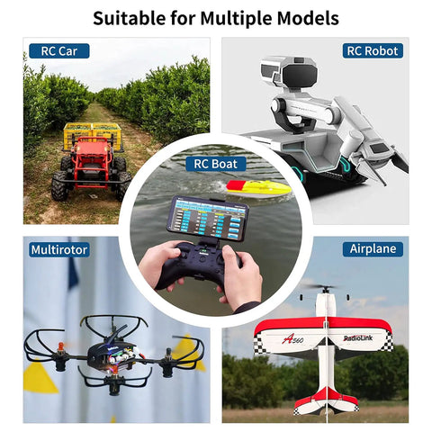 T8S 8 Channel 2.4G RC Pocket Transmitter With R8XM Receiver for various models including RC cars, planes, boats, and robots.