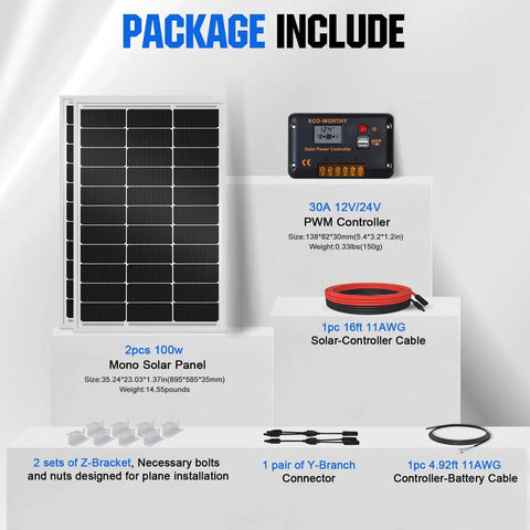 200W 12V 24V Solar Panel Kit with 30A PWM Charge Controller and cables for RVs, campers, boats, off-grid power
