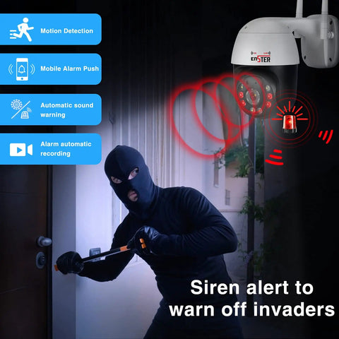 Outdoor 5MP PTZ WiFi Security Camera With Auto Tracking And Floodlight Color Night Vision detects intruder at night.