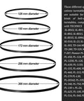 Turntable Belt Kit With Five Sizes For Belt Driven Record Players Replacement Belts For Repair And Maintenance Includes 300x5x1.0mm, 206x5x0.6mm, 172x5x0.6mm, 150x4x0.9mm, And 128x5x0.6mm displayed with compatible models list.