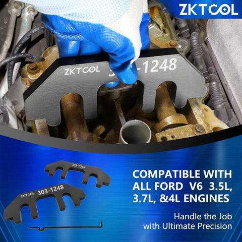 Seven Piece Go-To Camshaft Holding Timing Tool Kit For Ford 3.5L And 3.7L 4V Engines shown being installed in engine