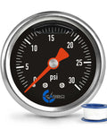 Front view of a 1-1/2 inch stainless steel fuel pressure gauge with black dial, orange needle, CARBO Instruments logo