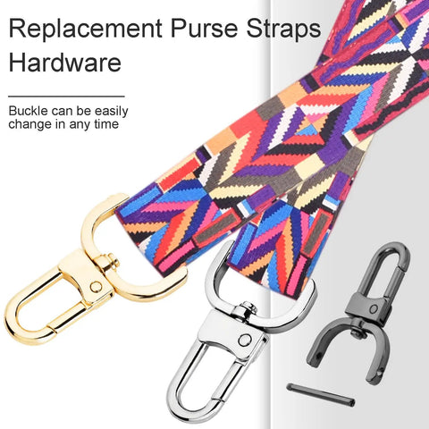 Front view of Six Pack Three Quarters Inch Detachable Snap Hooks With Swivel Clasps, Gold and Silver, on vibrantly patterned strap