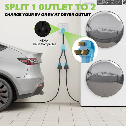 Heavy Duty 30 Amp Y Splitter Adapter Cord With Nema 10 To Dual 30 R Plugs For Level 2 EV Charging And Dryer Outlet Power Extension in use