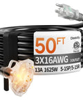Outdoor 50 Ft Extension Cord With 3 Outlets And Indicator Light, Weatherproof SJTW 16/3 Gauge, 13A 125V 1625W, ETL Listed