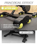 4 Pack Bike Trainer Rocker Feet With 8 Tennis Ball Dampeners in use, showing reduced floor wear and increased stability