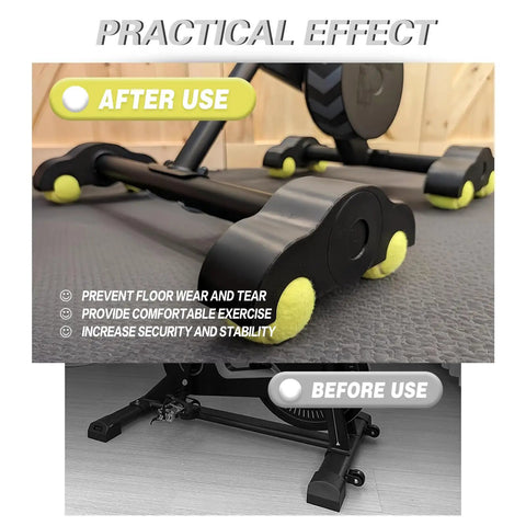 4 Pack Bike Trainer Rocker Feet With 8 Tennis Ball Dampeners in use, showing reduced floor wear and increased stability
