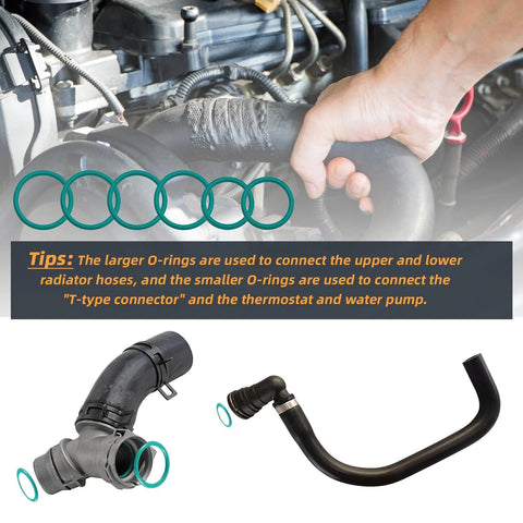 Front view of automotive O-ring seal set: six green rubber rings for radiator hoses and T-pipe