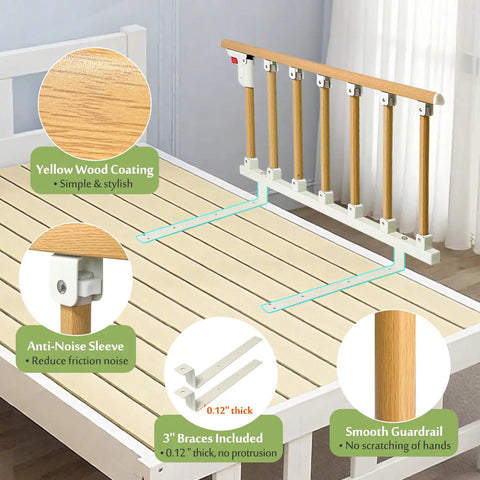 Bed Rail For Seniors And Elderly Safety - Under Mattress Bar, Foldable Bed Assist Handle, wood finish, installed on bed frame