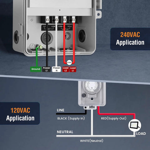 Heavy Duty 240 Volt Pool Pump Timer With 1000 Ft Rf Remote Control Weatherproof Outdoor Switch connections for 240VAC and 120VAC applications.