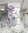 Toilet Seat Elongated Resin for Bathroom Use with lilac floral design on wood background, top view.
