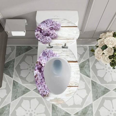 Toilet Seat Elongated Resin for Bathroom Use with lilac floral design on wood background, top view.