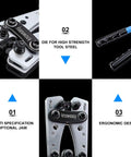 Heavy Duty Battery Cable Lug Crimping Tool With Rotating Die Heads, ergonomic handles, and multi-specification jaws for precise work.