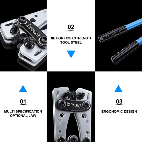 Heavy Duty Battery Cable Lug Crimping Tool With Rotating Die Heads, ergonomic handles, and multi-specification jaws for precise work.