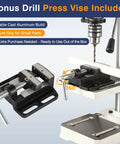 Bonus drill press vise included with durable cast aluminum build for secure grip on small parts for DIY projects.
