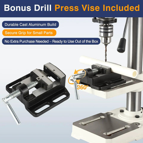 Bonus drill press vise included with durable cast aluminum build for secure grip on small parts for DIY projects.