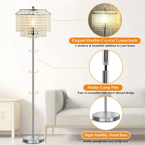 Crystal Floor Lamp 64 Inch Tall With Double Layer Shade, Modern Silver Finish Standing Lamp For Living Room, Bedroom Or Office, On Off Foot Switch, 8W Bulb Included, Crystal Glow, displayed in a living room setting