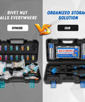 Comparison of disorganized vs. organized Rivet Nut Tool Kit, 16 Inch Rivnut Tool With 13 Metric And SAE Mandrels, 168Pcs Set in cases