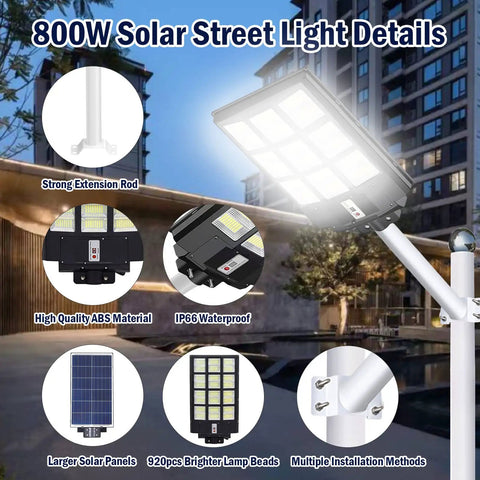 800W LED Solar Street Light Outdoor With Motion Sensor, Remote, Dusk To Dawn, IP66 Waterproof, showing extension rod and lamp details