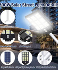 800W solar street light with IP66 waterproof feature and motion sensor, highlighting strong extension rod and ABS material.