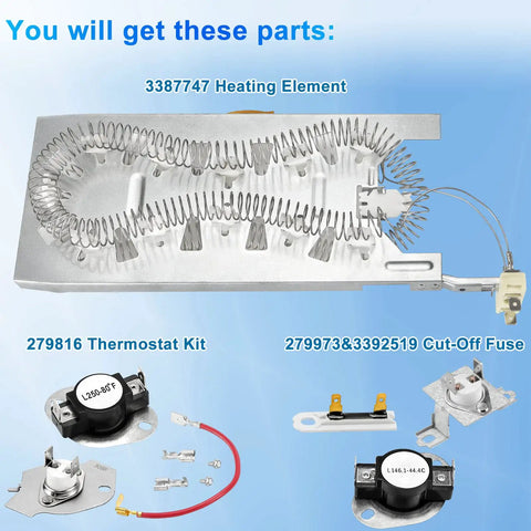Top Notch Drop In Dryer Heating Element Replacement 3387747 for Whirlpool with thermostat kit and fuses, multiple parts view