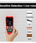Grab And Go Four In One Wall Scanner Finding Hidden Wood Studs Live AC Wires And Metal Objects With Dead On Depth Display showing detection screen.