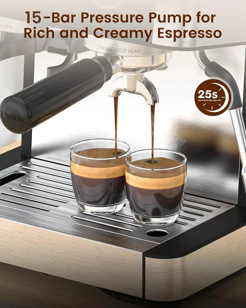 Espresso Machine With Built In Grinder For Home Barista Vibe, 15 Bar Pump, Milk Frother Steam Wand, brewing two espressos.