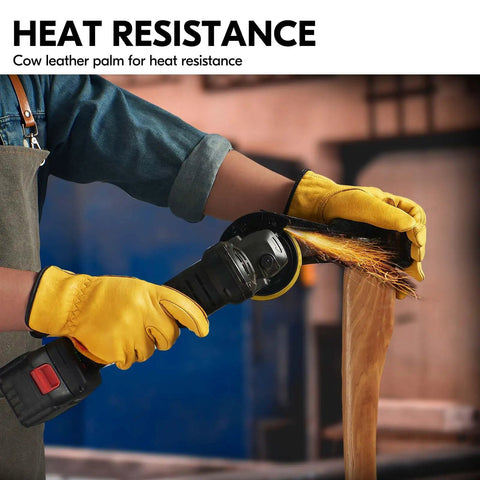 Three Pairs Unlined Cow Grain Leather Work And Driver Gloves With Cow Split Leather Palm Patch Size Large Gold CA9590 in use with power tool