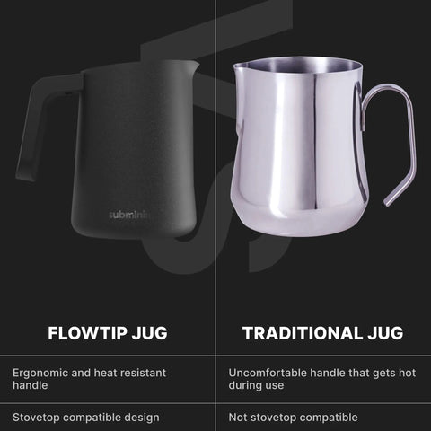 FlowTip Milk Jug For Barista Level Frothing At Home, Stovetop Foaming Pitcher With Precision Pour Spout And Heat Resistant Handle, 450ml Black comparison with traditional jug.