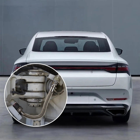Back view of car with inset showing Two 78 Inch Stainless Steel Flexible Exhaust Pipes Kit With Hose Clamps 1 Inch Inner Diameter