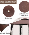 Close-up of brown Heavy Duty Outdoor 10x10 Gazebo With Double Roofs showing venting, waterproof fabric, and shade features.