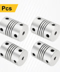 Four Pack Dope Flexible Shaft Couplings 15 by 20mm Aluminum Alloy Motor Couplers For 3D Printer And CNC Machines Bore 3mm To Three Point Seventeen Millimeter Encoders DIY Projects Smooth Drive Linkage Easy Install, showing four silver cylindrical couplings with black screw holes.