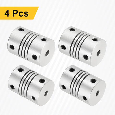Four Pack Dope Flexible Shaft Couplings 15 by 20mm Aluminum Alloy Motor Couplers For 3D Printer And CNC Machines Bore 3mm To Three Point Seventeen Millimeter Encoders DIY Projects Smooth Drive Linkage Easy Install, showing four silver cylindrical couplings with black screw holes.