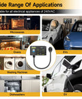Four Prong NEMA 14 50R Dryer Splitter With Breaker 240V Auto Switch For Smart Charging Management That Puts Left Side First And Auto Rebalances Power For EVs And Home Dryers, shown with EVs and appliances