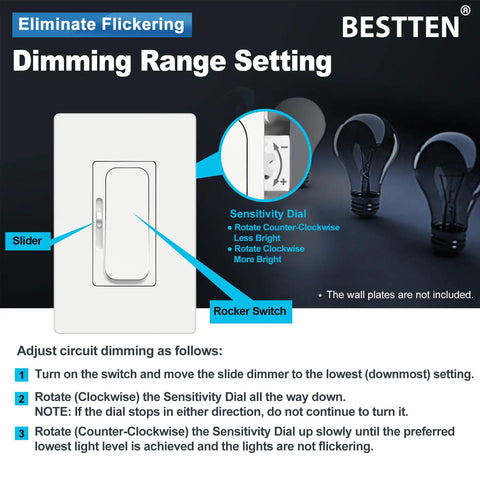 Ultra Slim Dimmer Light Switch For Single Pole Or 3 Way Wiring with sensitivity dial and rocker switch, slider labeled