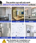 Diagram showing surfaces for Vacuum Suction Cup Hooks For Shower And Bathroom Removable Towel Hooks on acrylic, glass, mirror, porcelain, quartz, metal.