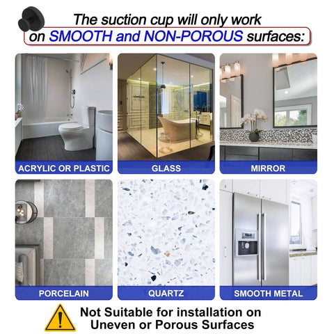 Diagram showing surfaces for Vacuum Suction Cup Hooks For Shower And Bathroom Removable Towel Hooks on acrylic, glass, mirror, porcelain, quartz, metal.